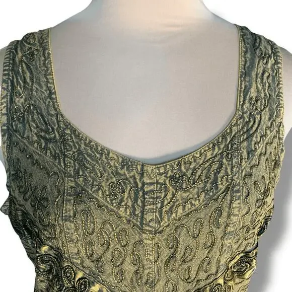 Vintage 90s Brown Boho Embroidered Crinkle Maxi Sleeveless Sundress Plus Size 1X - Picture 3 of 11